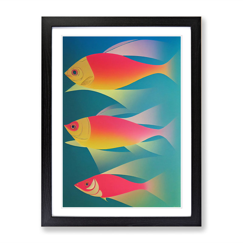 Casiano Fish Cubism - Picture Frame Print, 46cm H x 34cm W x 2cm D, Walnut