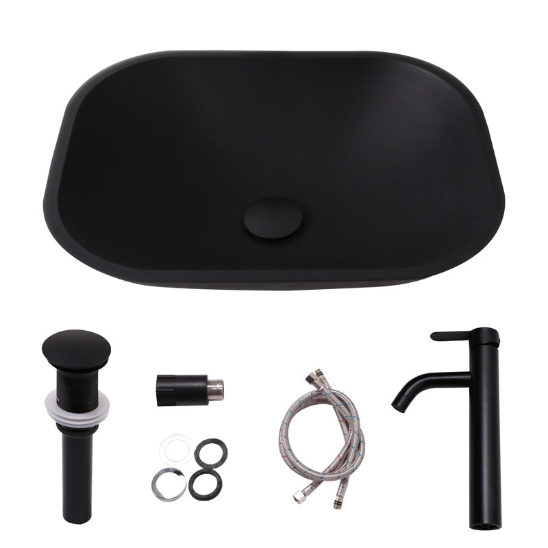 18'' Matte Black Tempered Glass Vessel Sink Set, Rounded Rectangle Above Counter Bathroom Sink with Black Faucet & Drain