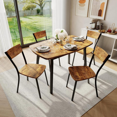 5 Piece Dining Table Set for 4, 43.3" Table with Storage Rack, MDF Kitchen Set, Rustic