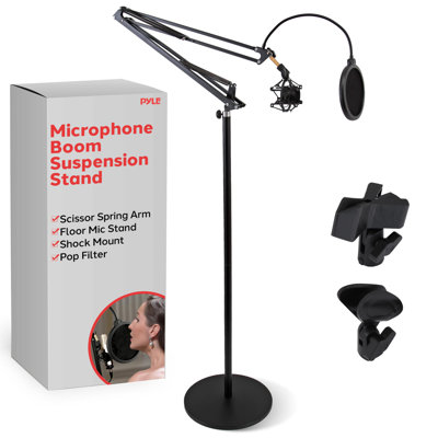 Support pour microphone Pyle - support de microphone de plancher réglable avec bras à ciseaux, fixation pour amortisseur, filtre anti-éclaboussures, adaptateur de filetage 5/8 po, fabrication en métal durable pour la baladodiffusion et la diffusion, noir