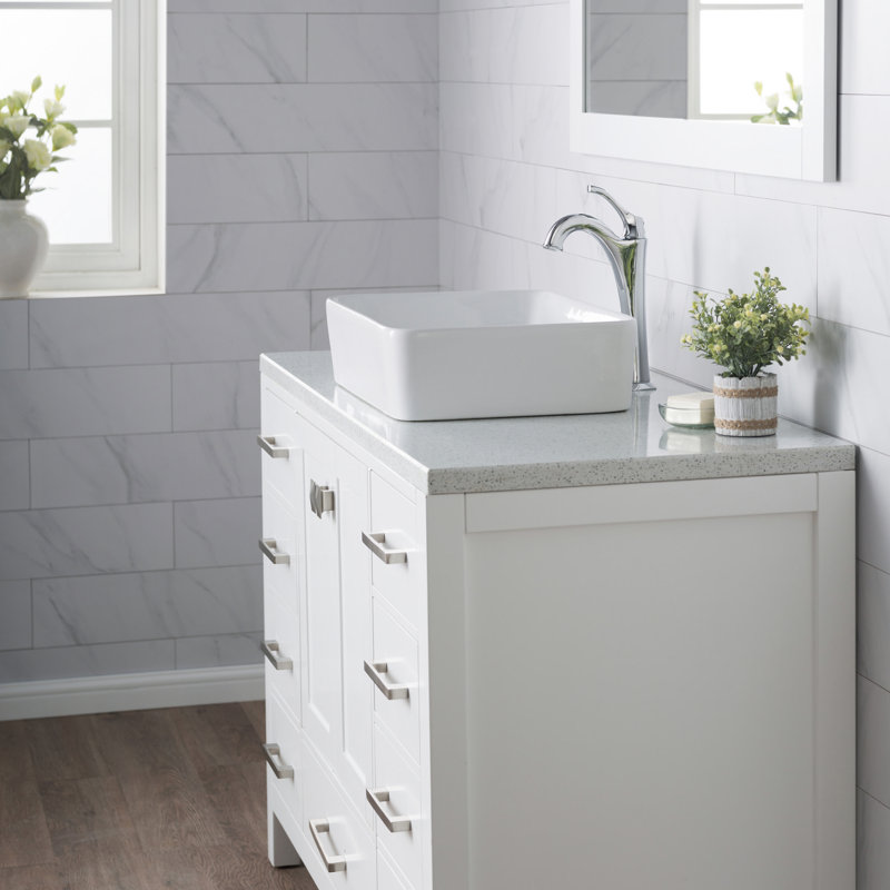 Ensemble de lavabo vasque de salle de bain en céramique blanche avec robinet KRAUS Elavo, Chrome