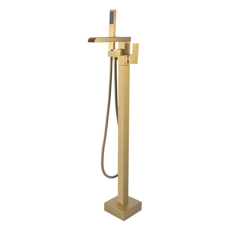 Topcraft Single Handle Floor Mounted Freestanding Tub Filler with Hand shower, Brushed Brass