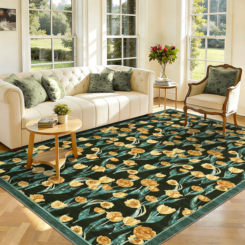 Grand tapis de salle à manger tulipe lavable 9 x 12 po, tapis de sol mince, tapis d'intérieur pliable contemporain, tapis facile à nettoyer