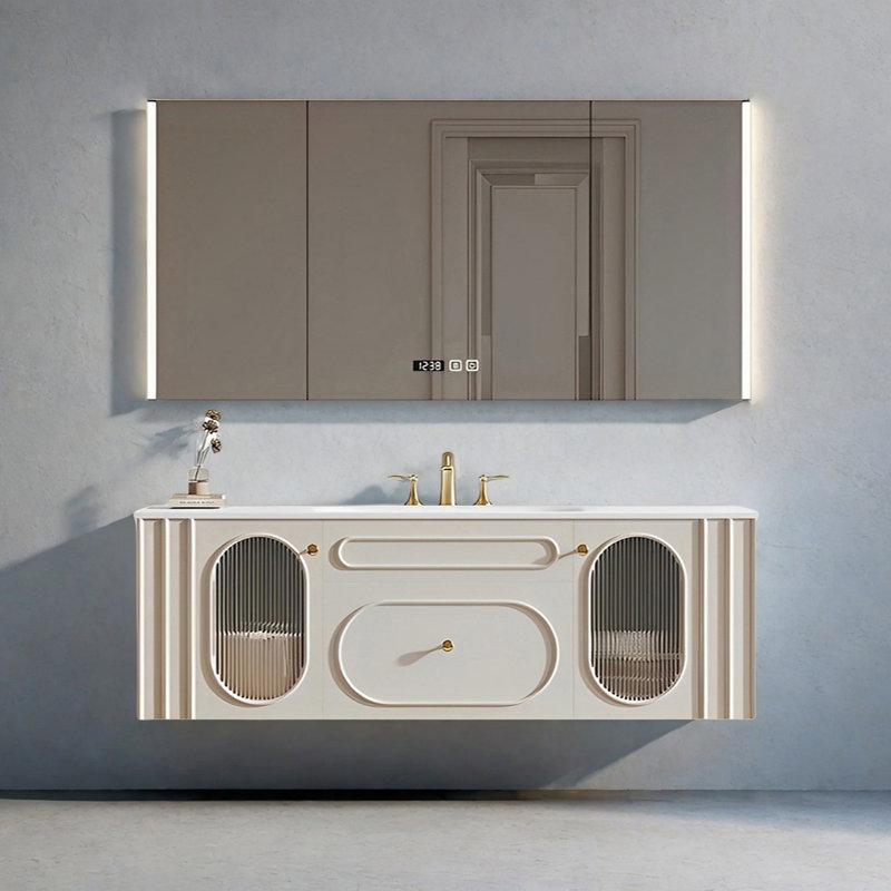 French cream-style smart bathroom cabinet, 19.68" H x 59.05" W x 21.65" D