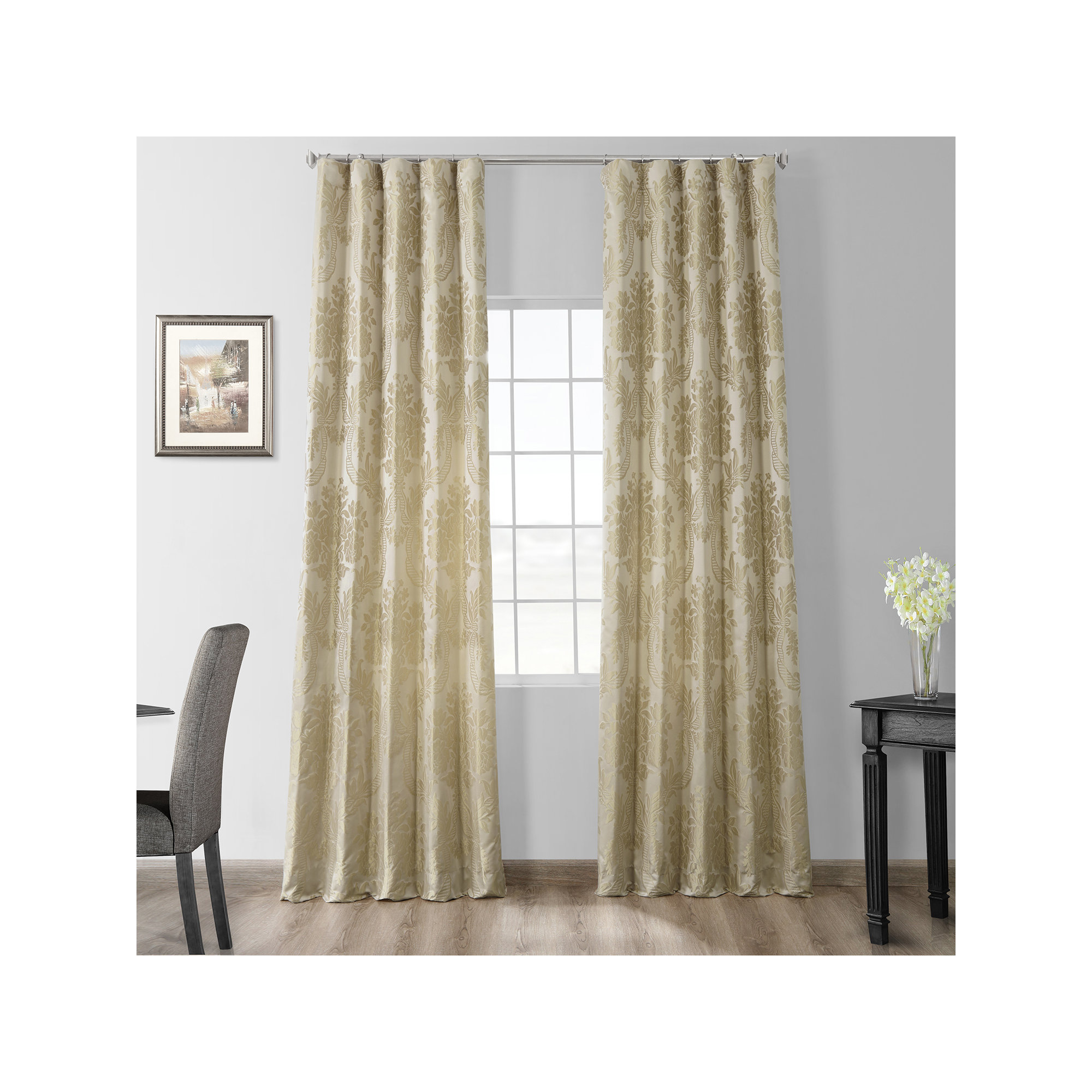 Ballsallagh Baroque Floral Faux Silk Jacquard Room Darkening Window Curtain -Single Panel, 50" W x 120" L, Champagne