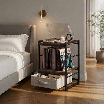 Table de chevet industrielle avec tablette ouverte et tiroir en tissu, table de chevet pour chambre à coucher, salon ou bureau, brun rustique et gris