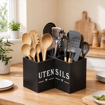 Porte-ustensiles de cuisine de coin pour comptoir, organisateur d'ustensiles de cuisine en bois avec compartiments, rangement de spatule peu encombrant pour comptoir de cuisine