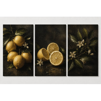 Grand ensemble de 3 reproductions d'art sur toile botanique rétro citron, nature morte, fruits, nature morte, décoration de cuisine rustique pour salle à manger salon, impression sur toile 16 x 24 pouces - prête à être accrochée