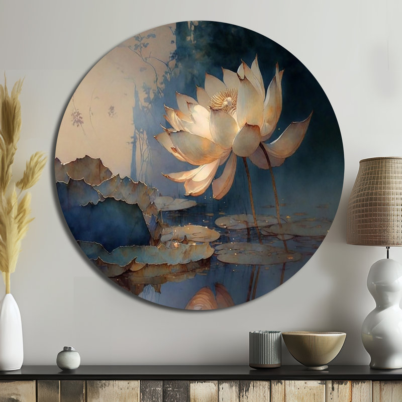 Blanc rétro lotus à l'aube - art floral rond en métal, H 36 po x l 36 po