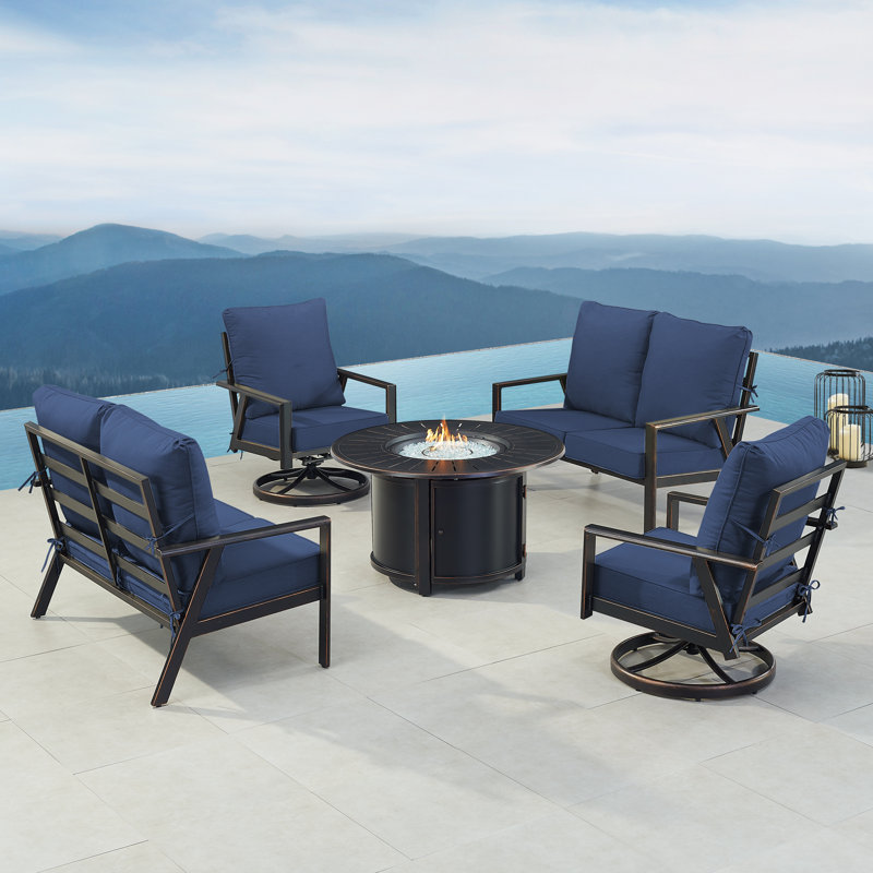 Ensemble de table de foyer en aluminium noir avec deux causeuses et deux fauteuils club CHo Club, Bleu