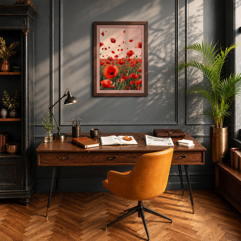Floating Poppies Botanical - Framed Print, A4 - 29.7 x 21.0 cm, Walnut