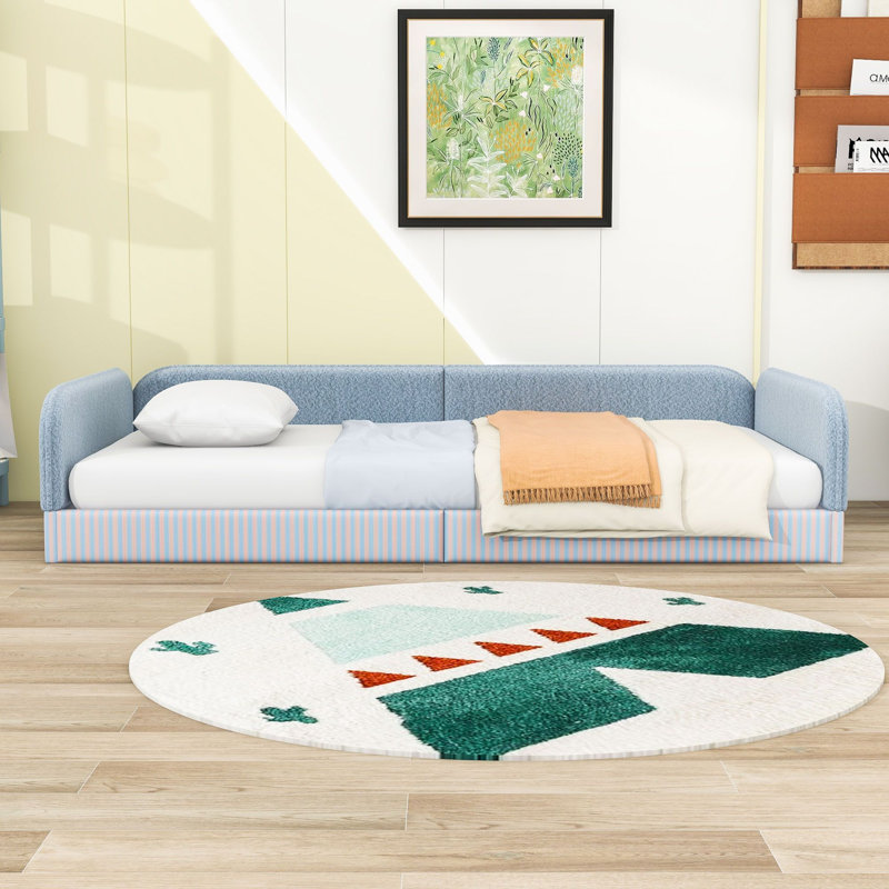 Lit plateforme tapissier avec design Montessori et garde-corps rembourrés en molleton, Lit simple, Bleu