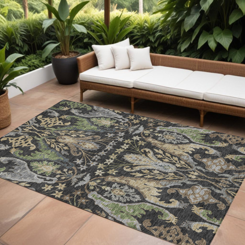 Tapis extérieur lavable floral noir et vert 9 pi x 12 pi noir