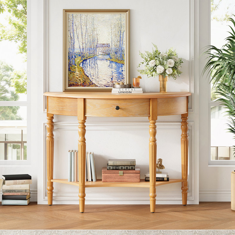 Console demi-lune avec tiroir et tablette - table d'appoint rustique, table de canapé pour l'entrée, le salon, le couloir et le vestibule