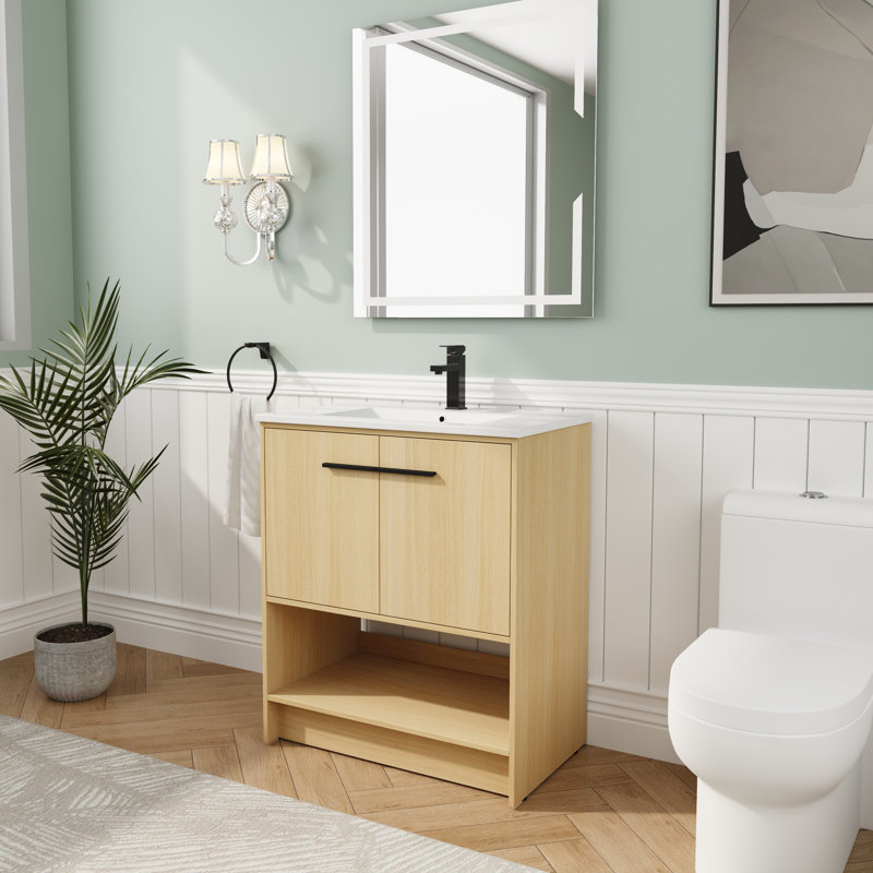 Meuble-lavabo 30 po avec lavabo en céramique, armoires à fermeture en douceur, Naturel