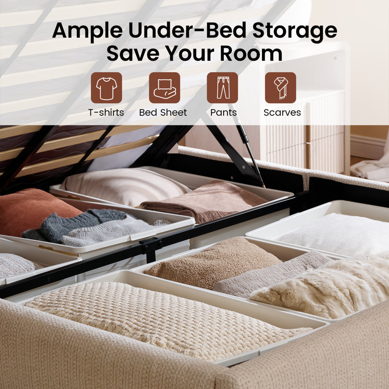 Queen Upholstered Platform Bed With Adjustable Headboard, Chenille Fabric Hydraulic Lift Storage Bed with Dust Resistant Cover