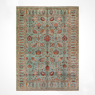 Original Hand Knotted Traditional Pattern Teal Wool and Cotton Rug