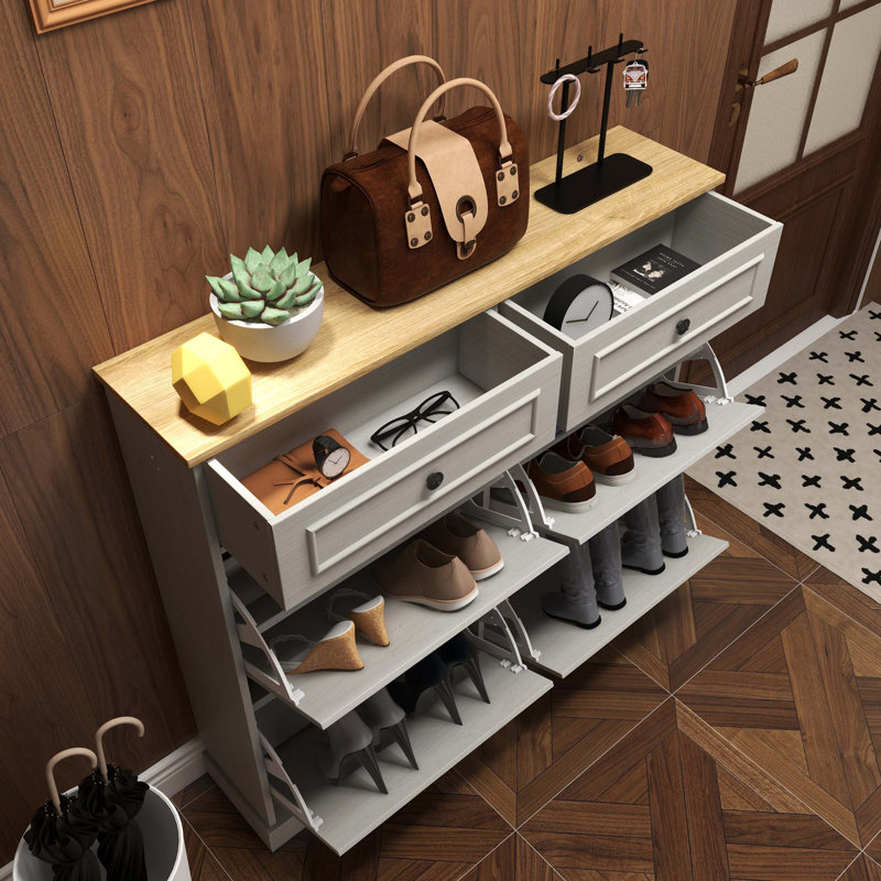 Range-chaussures avec 2 tiroirs, 4 tiroirs rabattables, range-chaussures autoportant avec tablette réglable, range-chaussures pour vestibule, vestibule, range-chaussures mince