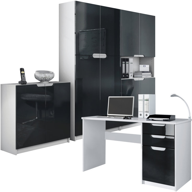 Mazeppa 3 Piece Writing Desk Office Set, Black/White Base