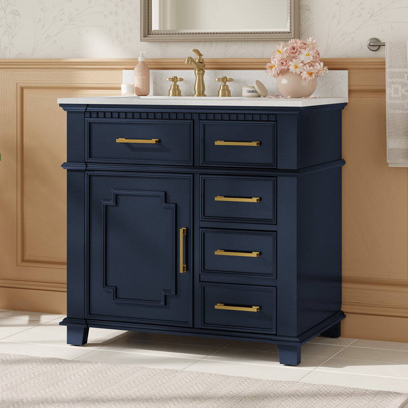Keira 36" Single Bathroom Vanity With Marble Top, Navy/Brushed Gold