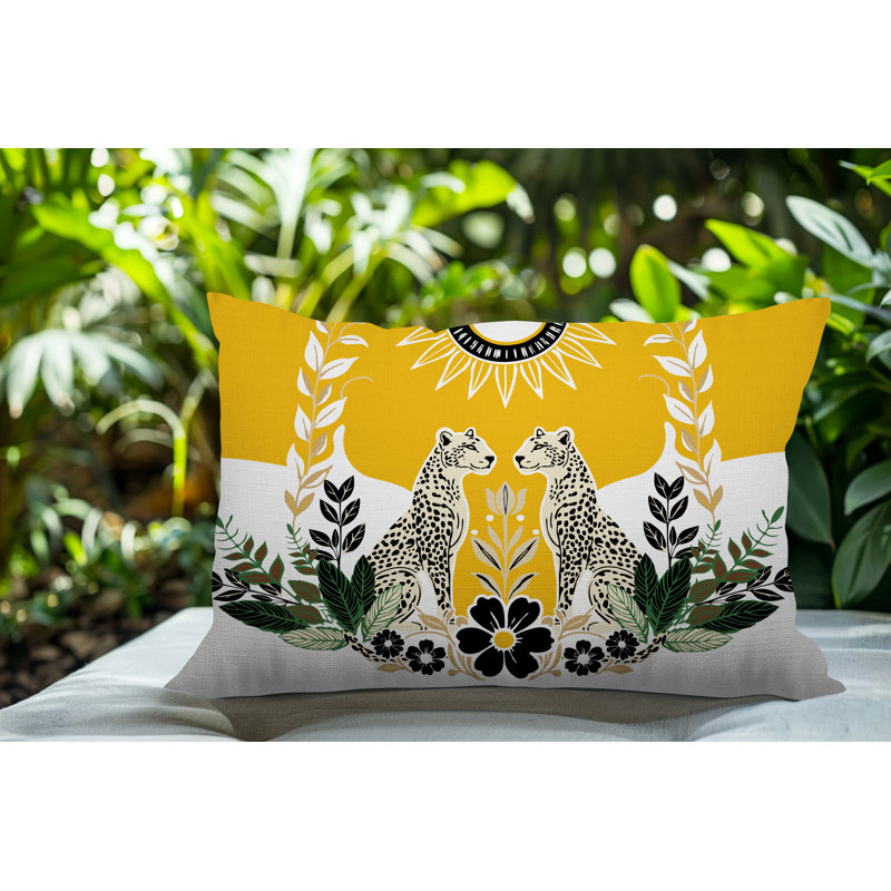 Oreiller rectangulaire réversible intérieur / extérieur Spoke Leopard, Jaune, Rectangle H 14 po x l 20 po