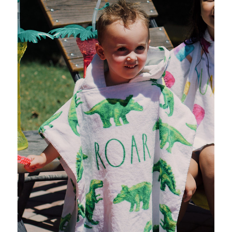 Rae Dunn: Kids Hooded Towel & 12" Beach Ball Set - Roar