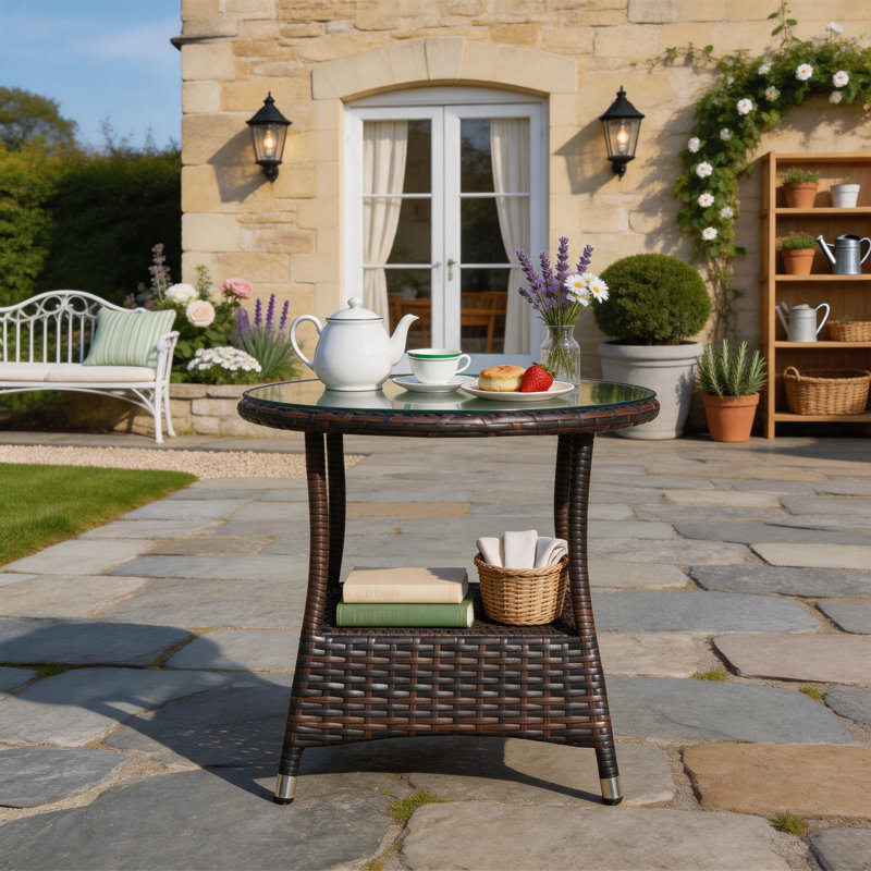 Table d'appoint d'extérieur ronde en rotin de polyéthylène, table basse de patio avec plateau en verre trempé transparent, brun
