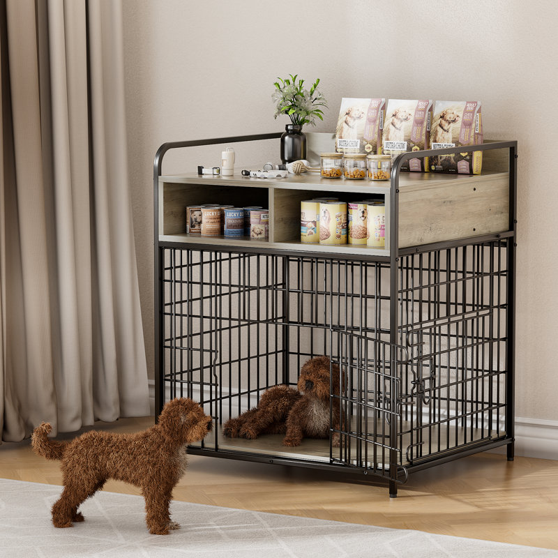 Small Dog Crate Furniture With Drawers Storage, Puppy Dog Kennel Indoor With Double Doors, Heavy Duty Wooden Dog Cage Table, Sturdy Metal