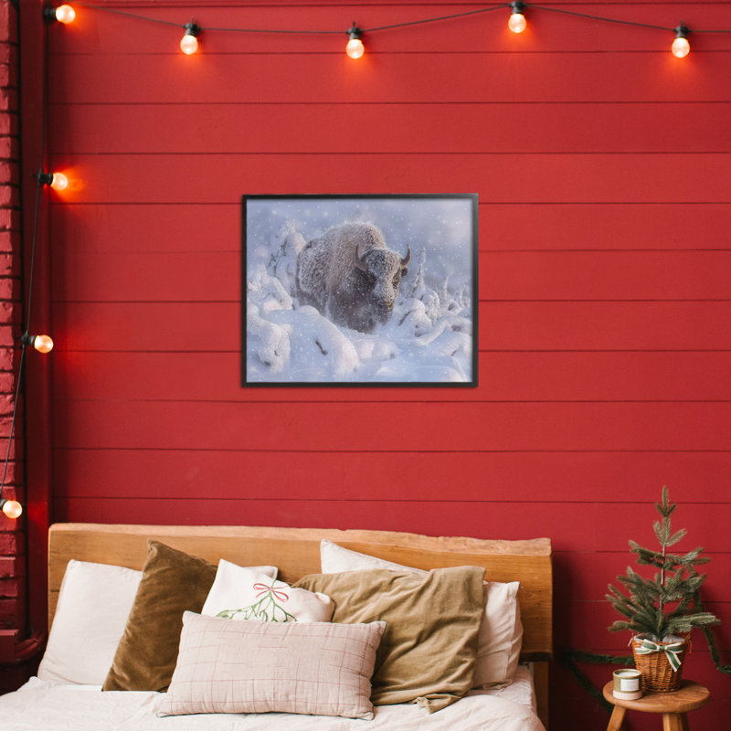Bison d'hiver en giclée profonde, design par Collin Bogle, H 11 po x l 14 po, Giclée encadrée noir minuit