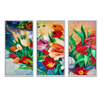 Bouquet de fleurs colorées - 3 pièces, reproduction sur toile