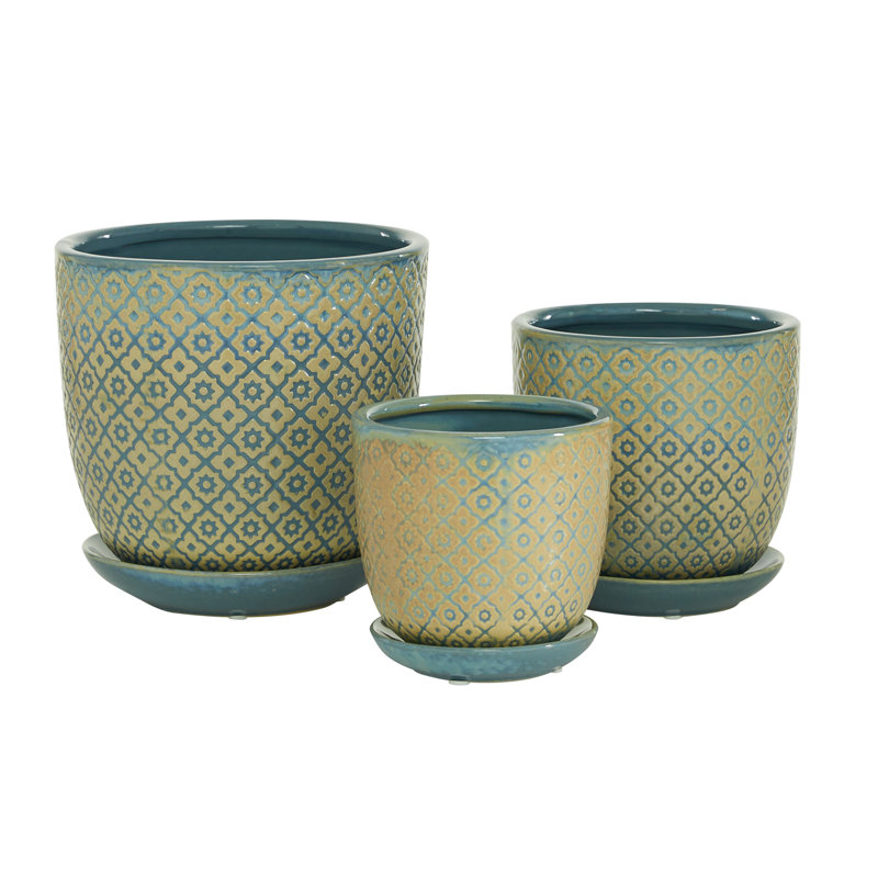 Ensemble de 3 pots de fleurs d'intérieur en céramique avec soucoupe attachée, Beige
