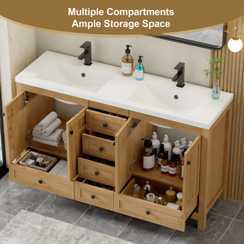 60" Double Sink Bathroom Vanity Base Only, Sink and Faucet Not Included, Black, Oak