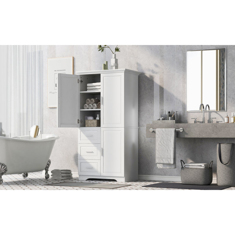 Tall Wide White Storage Cabinet With Doors And Three Drawers For Bathroom Or Office | Gift Idea, White