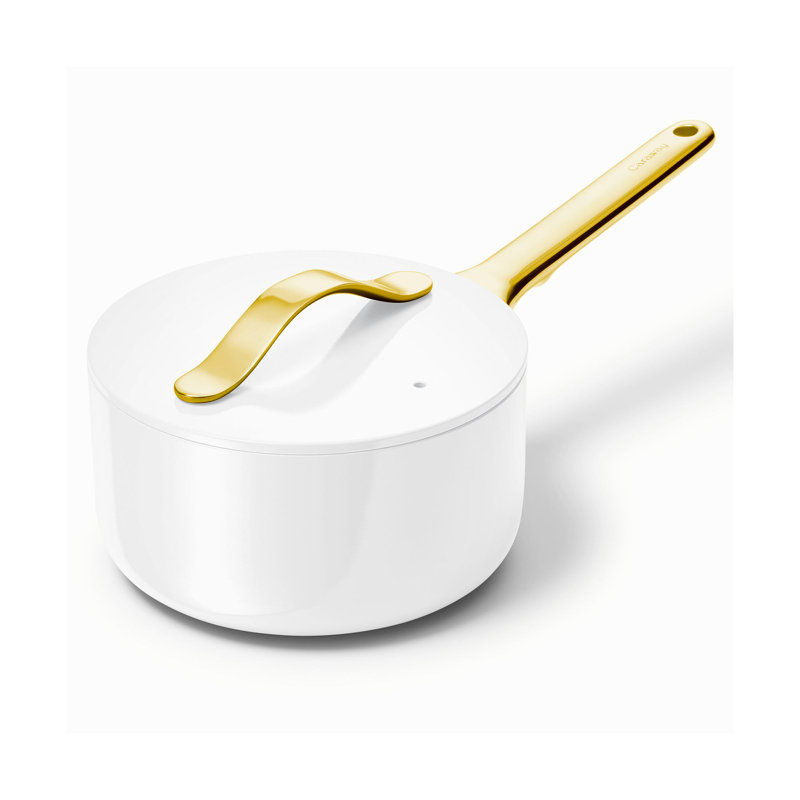 Caraway 1.75qt Iconics Nonstick Ceramic Saucepan, Black/Gold, White/Gold