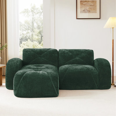 Canapé en forme de L sans os, tissu de velours doux, conception capitonnée, éponge haute densité 32D, aucun assemblage requis, conception ergonomique du bas, conception antidérapante, repose-pieds mobile pour les chambres à coucher, vert