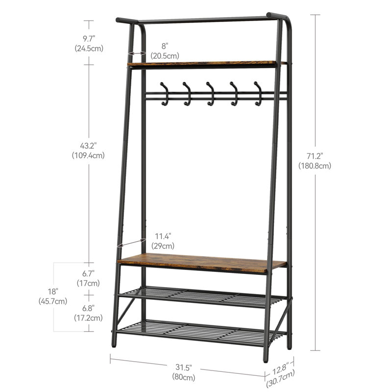 3-in-1 Hall Tree with Bench and Shoe Storage in Rustic Brown - Metal Frame Coat Rack with 5 Hooks and Clothes  for Hallway or Entry Area. 80cm