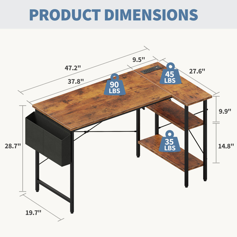 39 Inch L Shaped Desk with LED Lights & Power Outlets, Corner Home Office Desk, Brown, Black