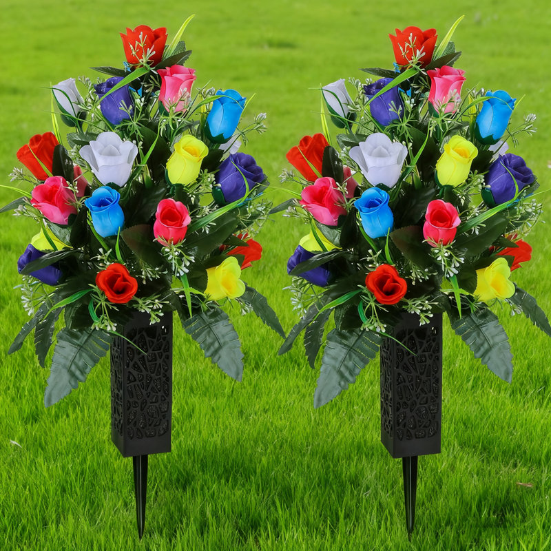 2 ensembles de fleurs de cimetière artificielles avec vase - décorations de tombes extérieures, bouquet de roses de couleur non-saignantes, beaux arrangements floraux durables pour un décor de tombe commémorative