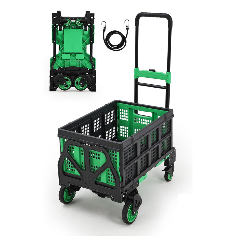 Heavy Duty Folding Hand Truck 330 LB Capacity – Utility Platform Dolly Cart with Collapsible Storage Basket, Retractable Handle, 4 Rubber Wheels & Bungee Rope – Moving, Office, Luggage – Green