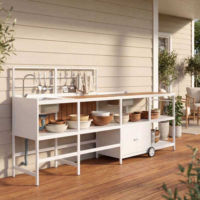 Ensemble de bureau modulaire d'extérieur 4 pièces avec évier en acier inoxydable, structure en aluminium noir et roulettes mobiles