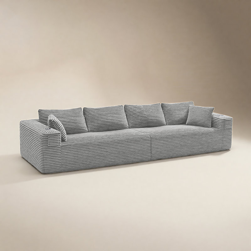 Canapé rembourré en velours côtelé avec sièges surdimensionnés de 142 po, Gris clair