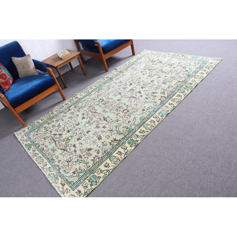 Tapis turc anatolien rétro vert - idéal pour un décor de cuisine et un cadeau unique