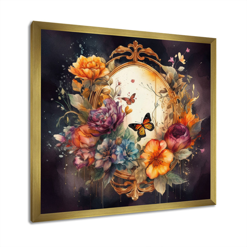 Ryze, miroir floral antique avec papillons I sur toile, H 36 po x l 36 po x P 1,5 po, Encadrement doré