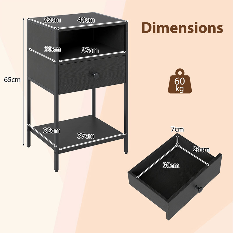 40cm W Metal Bedside Table