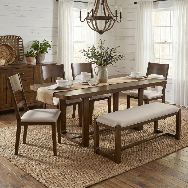 Ensemble de table de salle à manger en bois massif 6 pièces, ensemble de salle à manger rectangulaire extensible avec 4 chaises et banc rembourrés, plateau de table extensible de 60 à 84 po TopMAX, brun et coussin beige