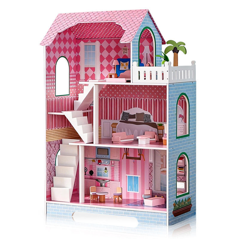 Maison de poupée en bois à 3 étages avec 15 accessoires, toit et fenêtres pour enfants de 3 ans et plus