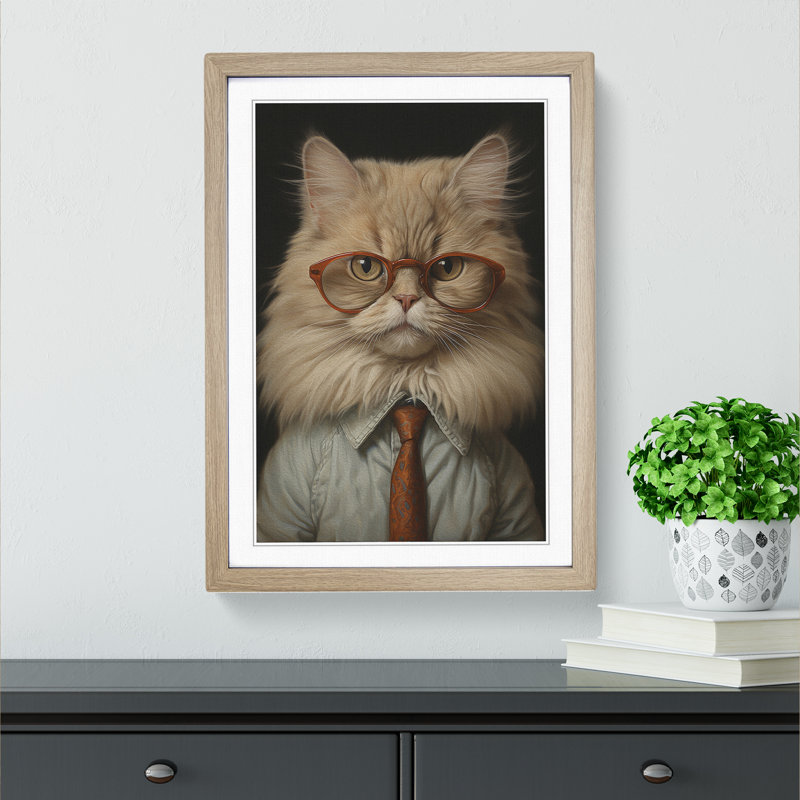 Persian Cat With Glasses - Single Picture Frame Print on Wood, Oak, 46cm H x 34cm W x 2cm D