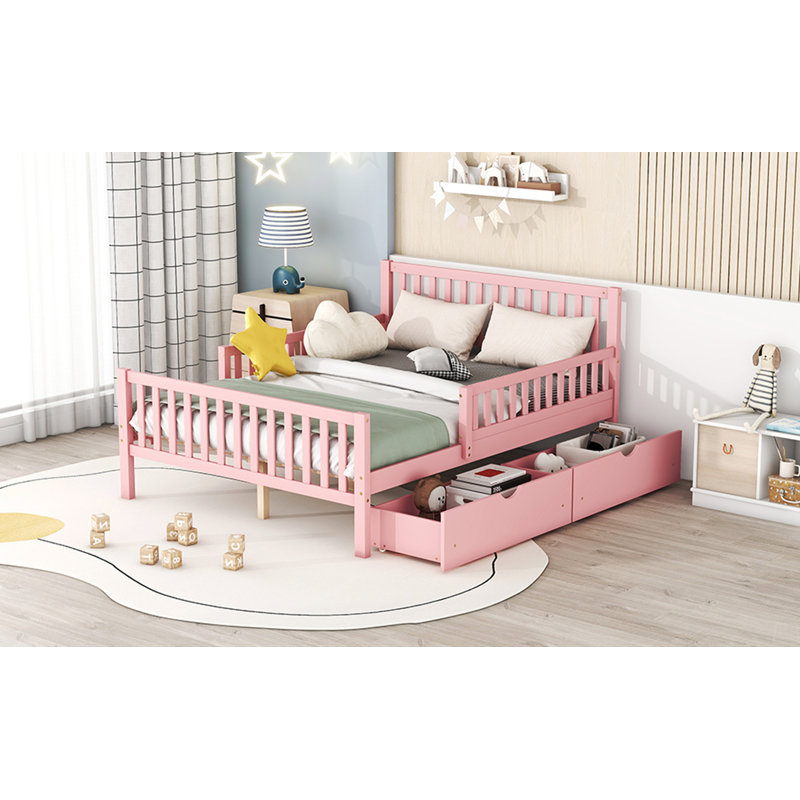 Grand lit plateforme avec garde-corps des deux côtés et deux tiroirs de rangement, Lit double, Rose