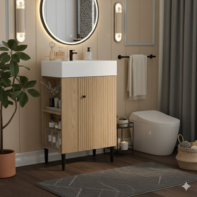 21.6-Inch Wood-Tone Bathroom Vanity, Combination Cabinet, Bathroom Storage Unit With A Single Ceramic Sink, Left-Side Storage Compartment