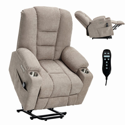 Fauteuil releveur électrique avec fonction massage et chauffage pour personnes âgées, larges et confortables, mécanisme de mouvement robuste avec ports USB et Type-C, 2 porte-gobelets en acier, beige
